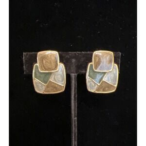 80's Mosaic Geometric Clip On Earrings Gold Tone & Greens Boho Artsy 1"